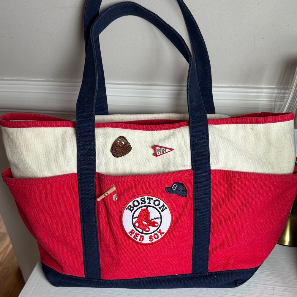 Boston Red Sox Red & Cream Canvas Baseball Tote Bag with pin embellishments.